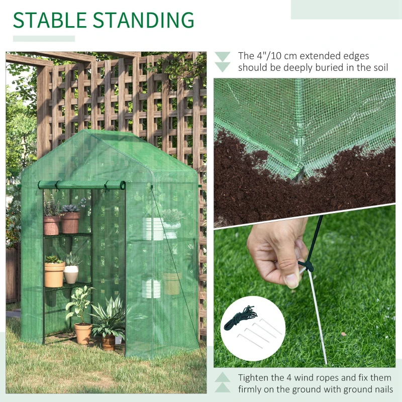 Outsunny 3-Tier Mini Greenhouse, Walk-in Greenhouse, Garden Hot House with 4 Shelves, Roll-Up Door and Weatherized Cover, 56" x 29" x 77", Dark Green