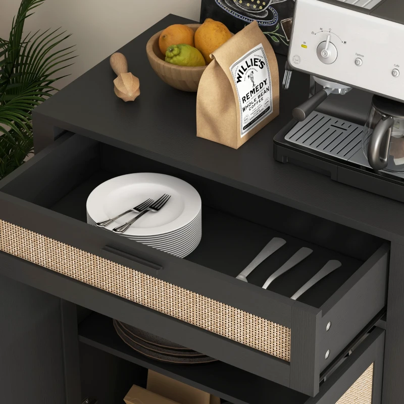 HOMCOM Kitchen Sideboard, Boho Storage Cabinet with 2 Rattan Decorated Doors and Drawer for Dining Room, Black