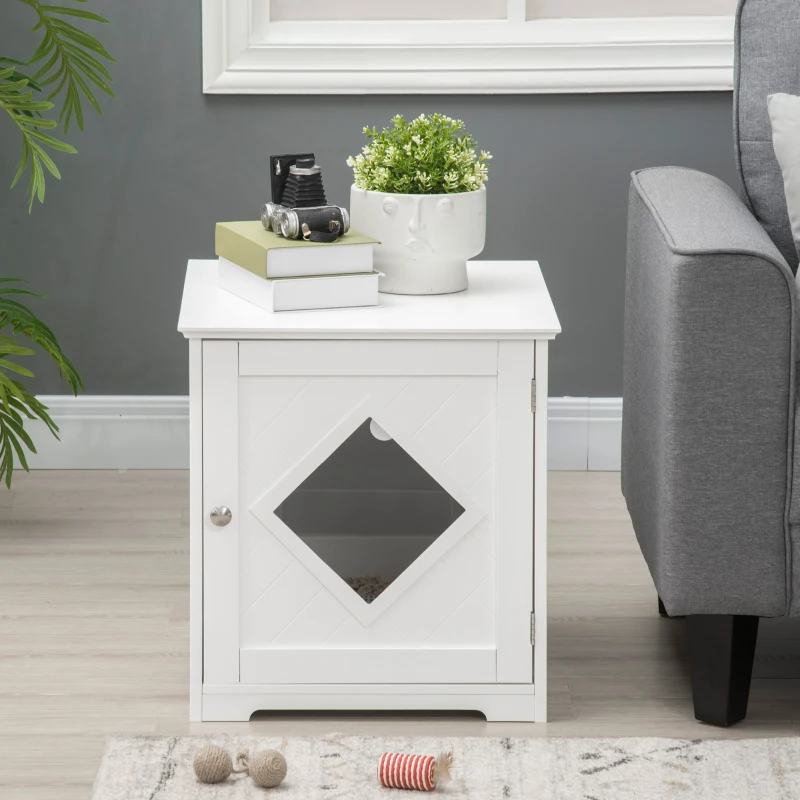 PawHut Cat Litter Box Enclosure End Table, Indoor Cat Washroom with Magnetic Door, Hidden Litter Box Nightstand with Large Tabletop, Easy Assembly, White