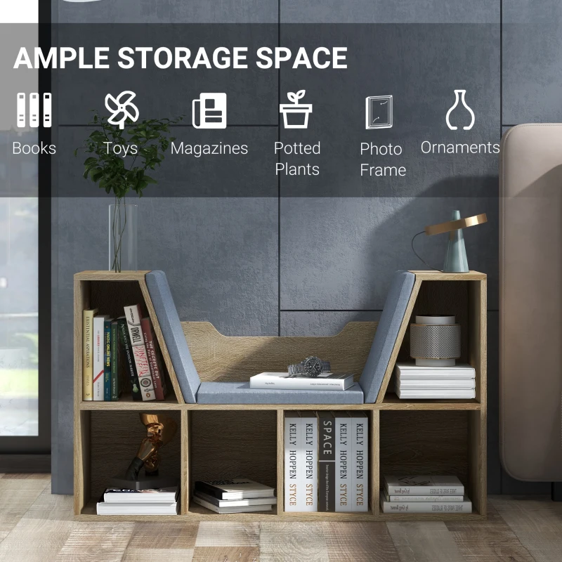 HOMCOM 6-Cubby Bookcase with Seat Cushion, Cube Storage Shelf with Reading Nook for Home Office, Study, Oak