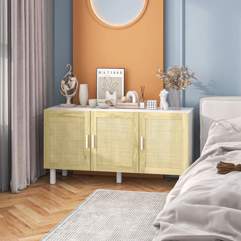 HOMCOM Boho Kitchen Cabinet, Buffet Cabinet with 3 Rattan Doors and Adjustable Shelves for Dining Room, White and Natural