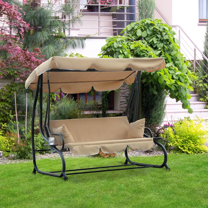 Outsunny 3-Seat Outdoor Patio Swing Chair, Converting Flat Bed, Canopy Swing with Adjustable Shade, Removable Cushions, Cup Holder, Beige