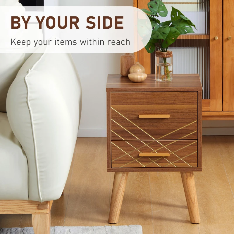 HOMCOM Scandinavian Bedside Table, Side End Table with 2 Drawers and Wood Legs, 13.8" x 12.6" x 20.3", Brown