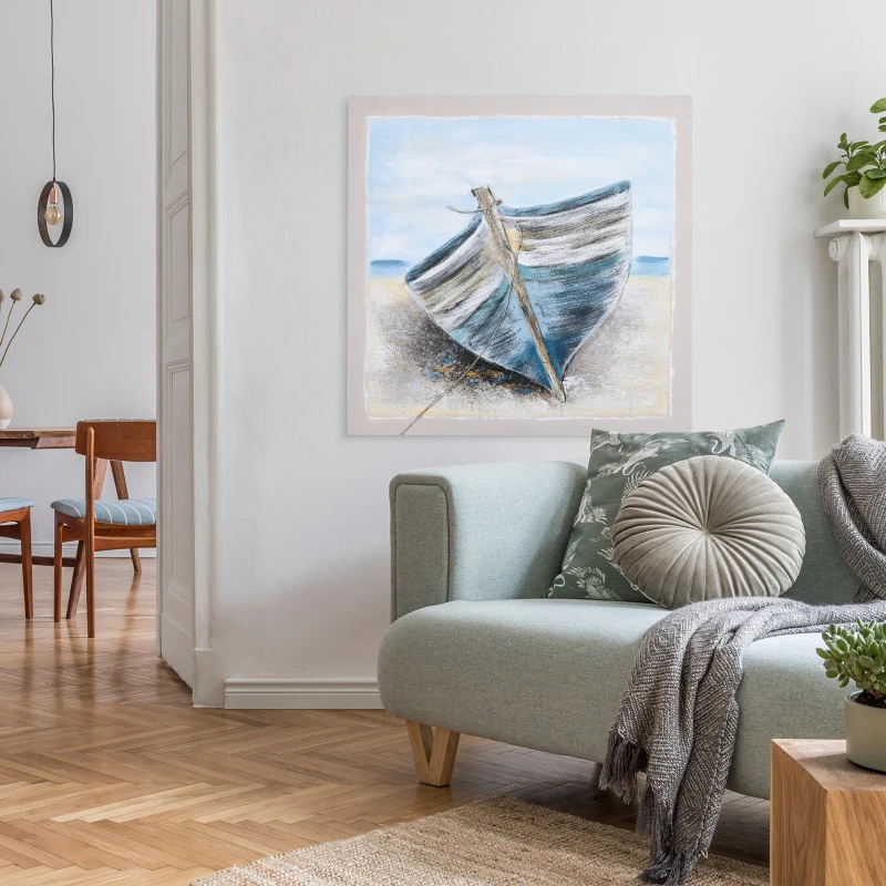 HOMCOM Boat Wall Art Hand-Painted Canvas Painting Beach Artwork Modern Framed Prints for Living Room Bedroom Decor Blue, 35.5" x 35.5"