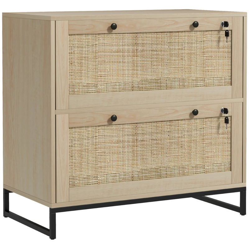 Vinsetto 2-Drawer Filing Cabinet with Lock, Rattan File Cabinet with Adjustable Hanging Bar, Natural