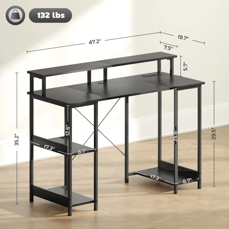 HOMCOM Computer Desk with Storage, 47" Reversible Computer Table with Power Outlets and LED Lights, Distressed Black