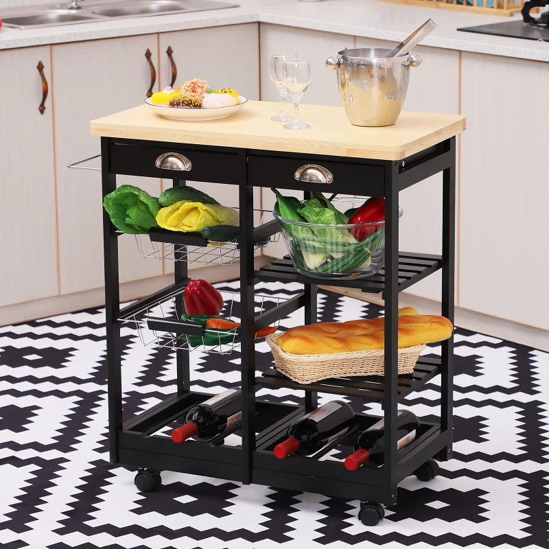 HOMCOM Rolling Kitchen Island Trolley Serving Cart Wheeled Storage Cabinet w/ Basket Shelves and Drawers Black