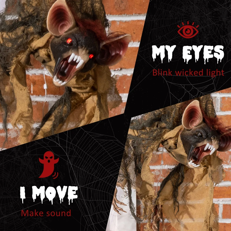 Outsunny 28" Life Size Outdoor Halloween Decorations Hanging Bat Opening Month, Animated Prop with Sound and Motion Activated Light Up Eyes, Sound and Laughter