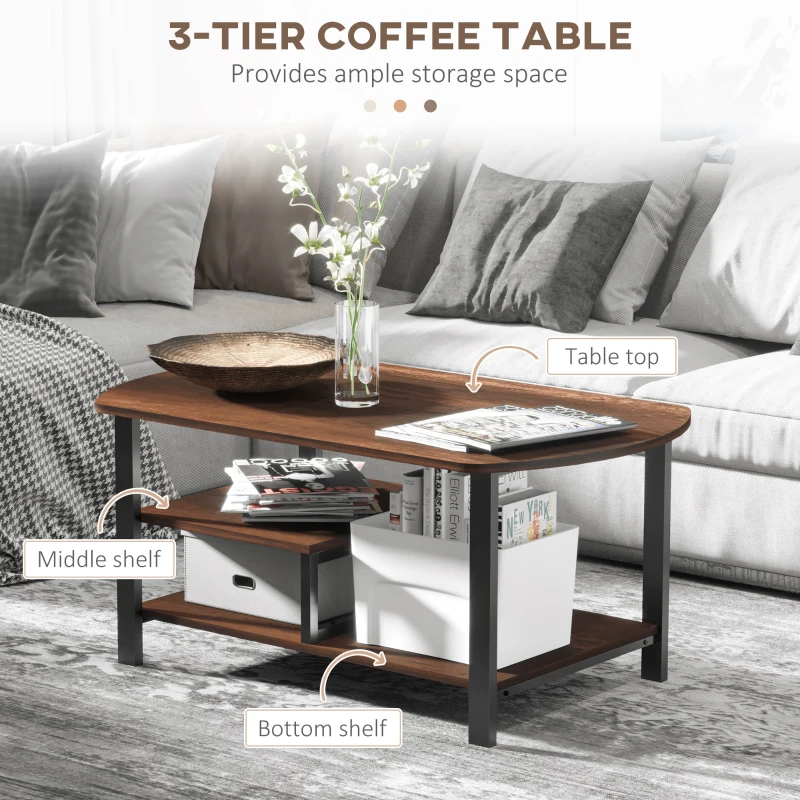 HOMCOM Vintage Industrial Coffee Table with Under-Top Storage Shelves and Rounded Corners, Dark Wood Color