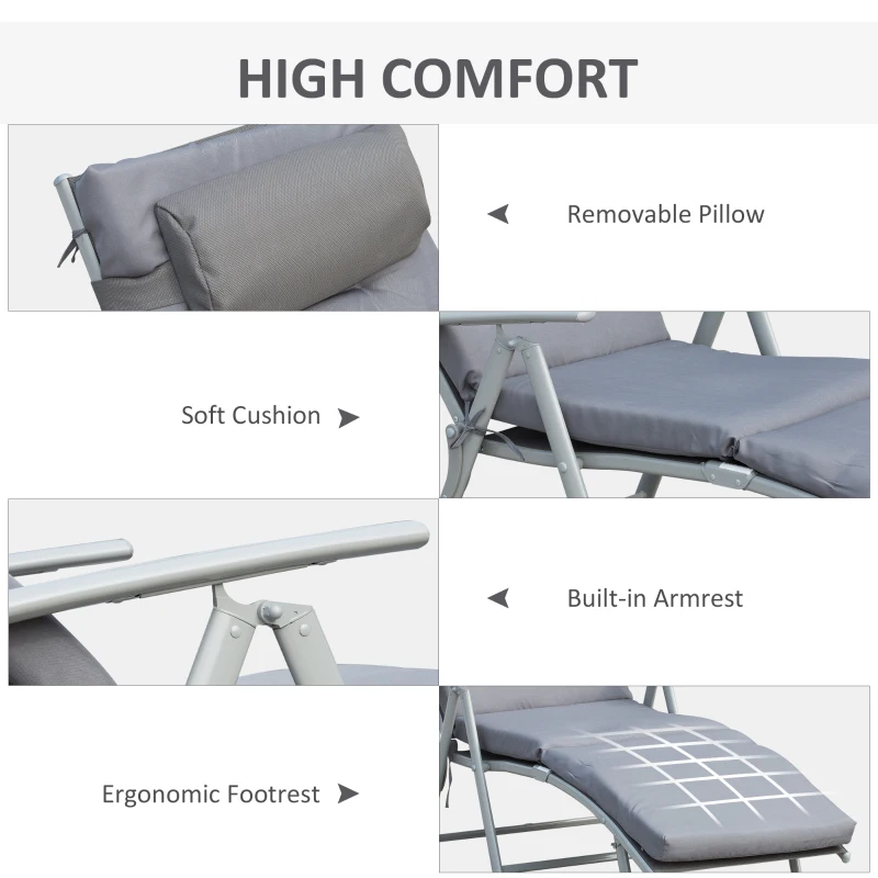 Outsunny Outdoor Folding Chaise Lounge Chair Recliner with Portable Design, Adjustable Backrest, Cushion and Headrest, Grey
