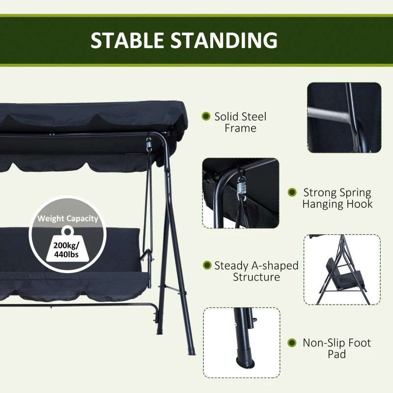 Outsunny Metal 3-Seater Porch Swing with Stand Outdoor Patio Swing with Canopy Cushioned Garden Lounger Black