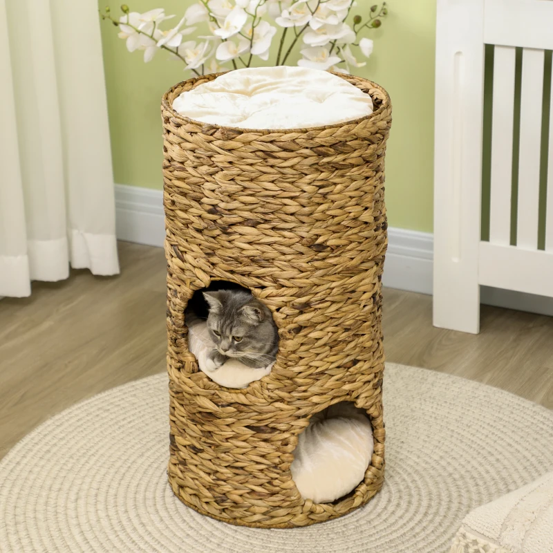 PawHut Elevated Cat Bed with Three Hideaways & Four Soft Plush Cushions, Cat Tower with Hand-Woven Materials, Multi-Layer Raised Kitten Bed Caves