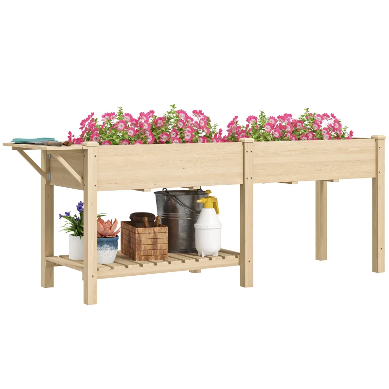 Outsunny Wood Raised Garden Box, Elevated Garden Bed with Side Table, Bottom Shelf, Bed Liners and Drainage Holes, Natural