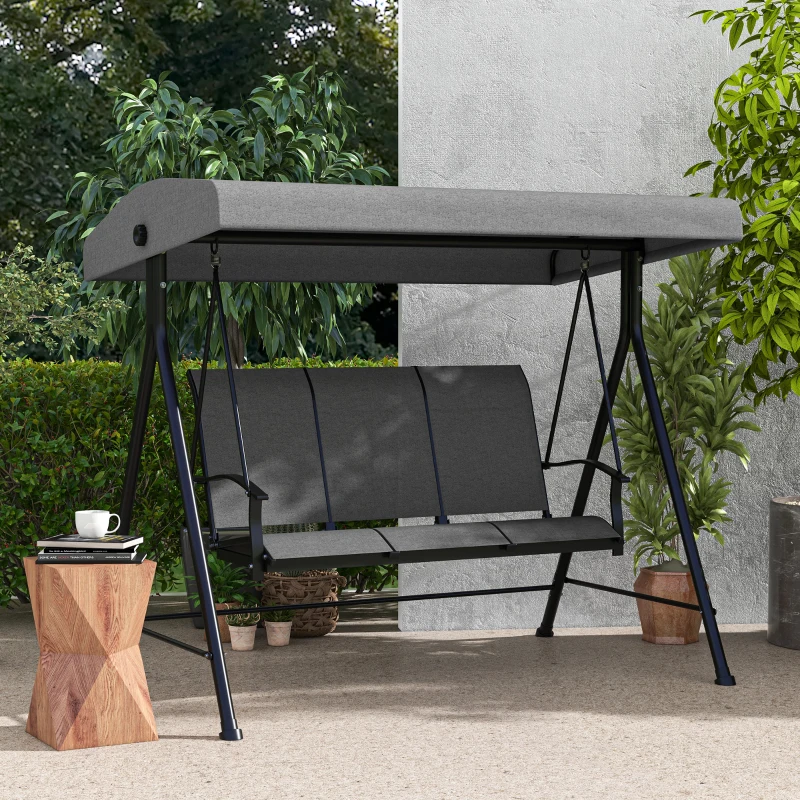 Outsunny 3 Seater Outdoor Swing Chair with Canopy, Metal Porch Swing Bench for Patio, Garden, Backyard, Lawn, Dark Grey
