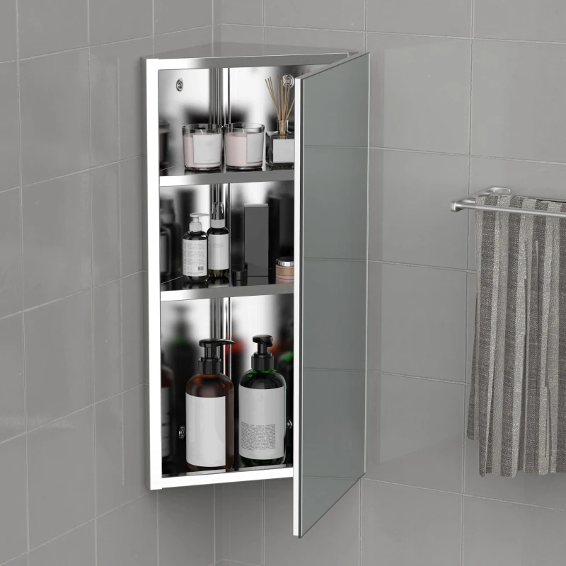 kleankin 12 Inch x 24 Inch Triangle Corner Mirror Medicine Cabinet Wall Mounted with Door 3 shelves, Multipurpose Storage Organizer for Bathroom