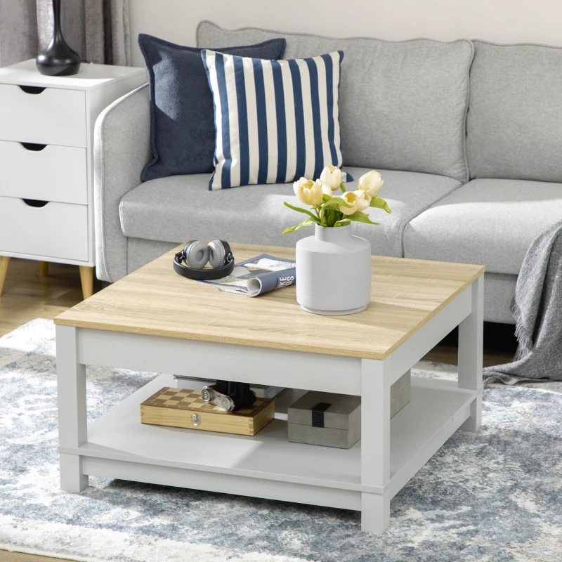 HOMCOM Square Coffee Table with Storage for Living Room, Natural/Gray