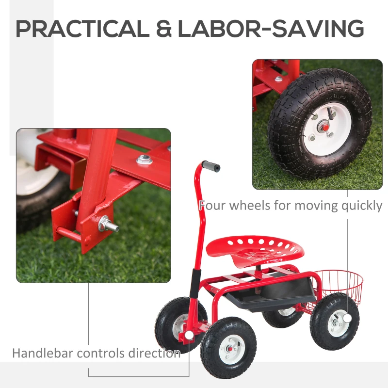 Outsunny Garden Scooter, Rolling Cart with Swivel and Adjustable Seat, Tool Tray, Bucket Basket, Red and Black