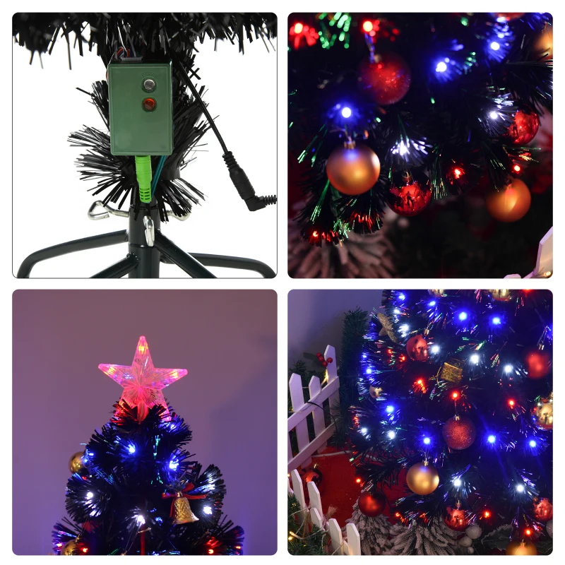 HOMCOM 4ft Prelit Artificial Christmas Tree with LED Lights, Multicolored Fiber Optics and Realistic Branch Tips, Black