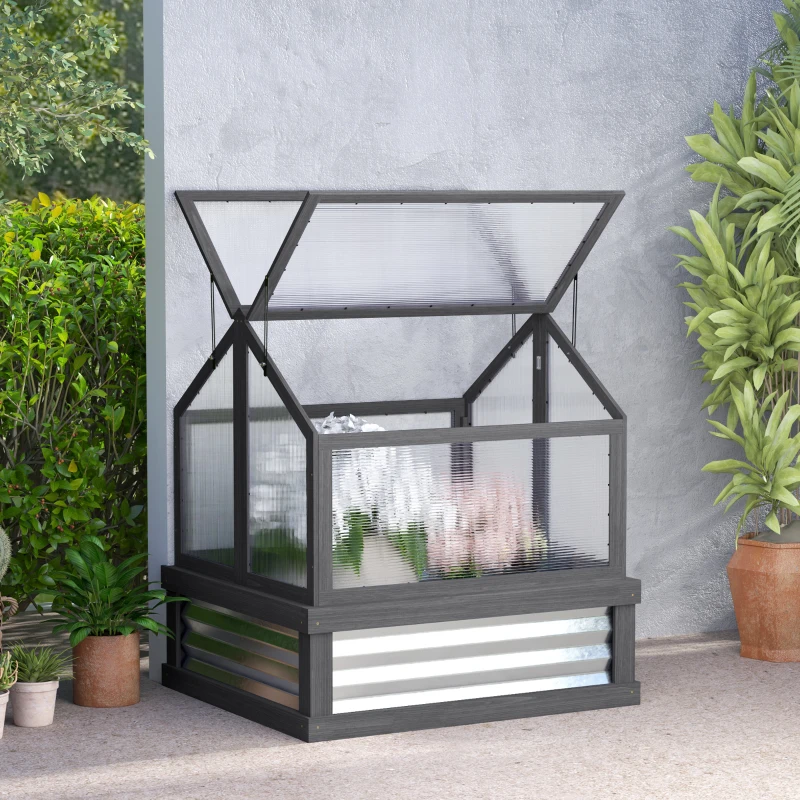 Outsunny Raised Garden Flower Bed Kit with Greenhouse, Wooden Cold Frame Planter, 35.5" x 31.5" x 36", Gray