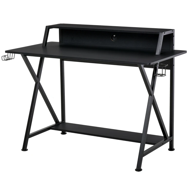 HOMCOM Racing Gaming Desk Carbon Fiber Style Computer Table with Elevated Monitor Shelf, Headphone Hook and Cup Holder, Black