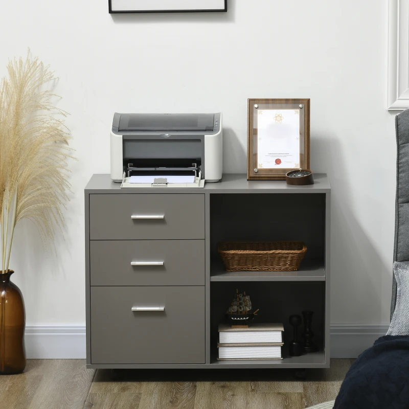 HOMCOM Modern Lateral Filing Cabinet, 3 Drawer File Cabinet for Letter and A4 Size Documents, Mobile, Printer Stand with Open Shelves, Rolling Wheels, Grey