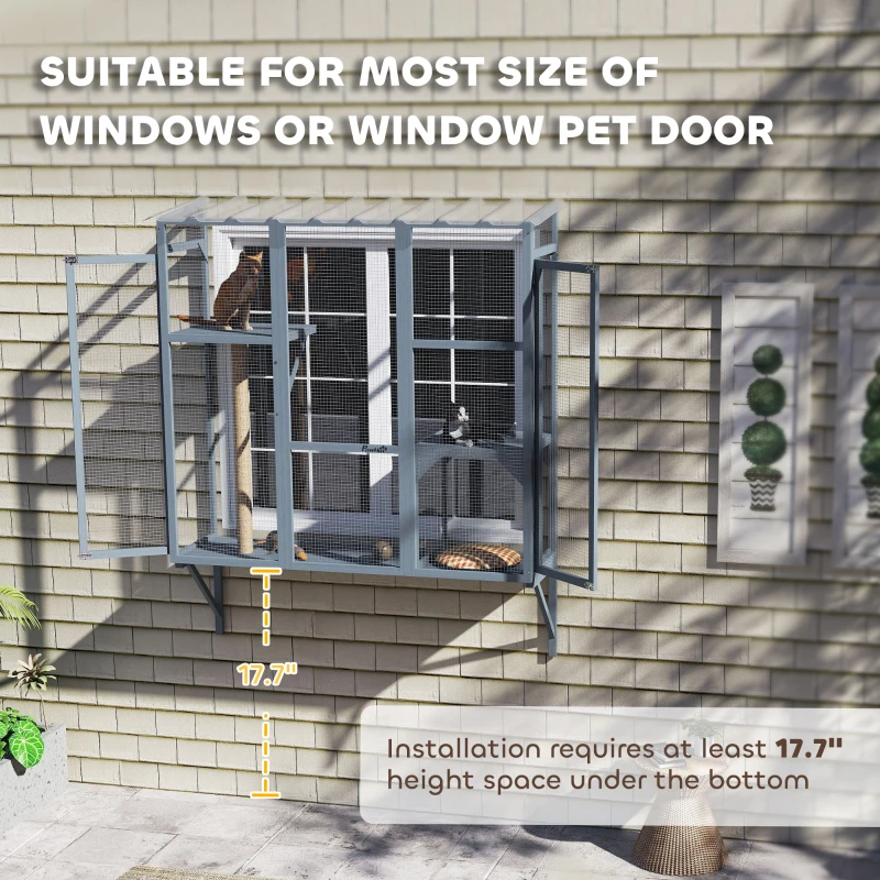 PawHut Catio Outdoor, Window Catio for 2-3 Large Indoor Cats w/ 2 Jumping Platforms, Scratching Post, for Playing, Napping