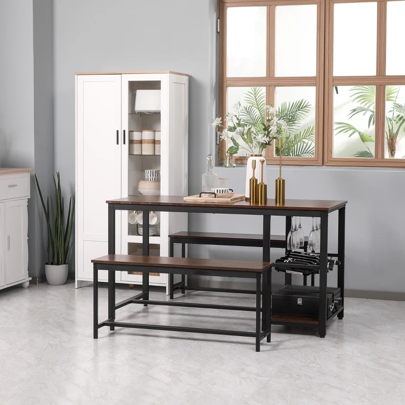 HOMCOM 3-Piece Dining Table Set for 4 with 2 Benches, Rectangular Dining Table and Chairs Set, Industrial Kitchen Table with 5-Bottle Wine Rack, Glass Holder, and Storage Shelf, Rustic Brown