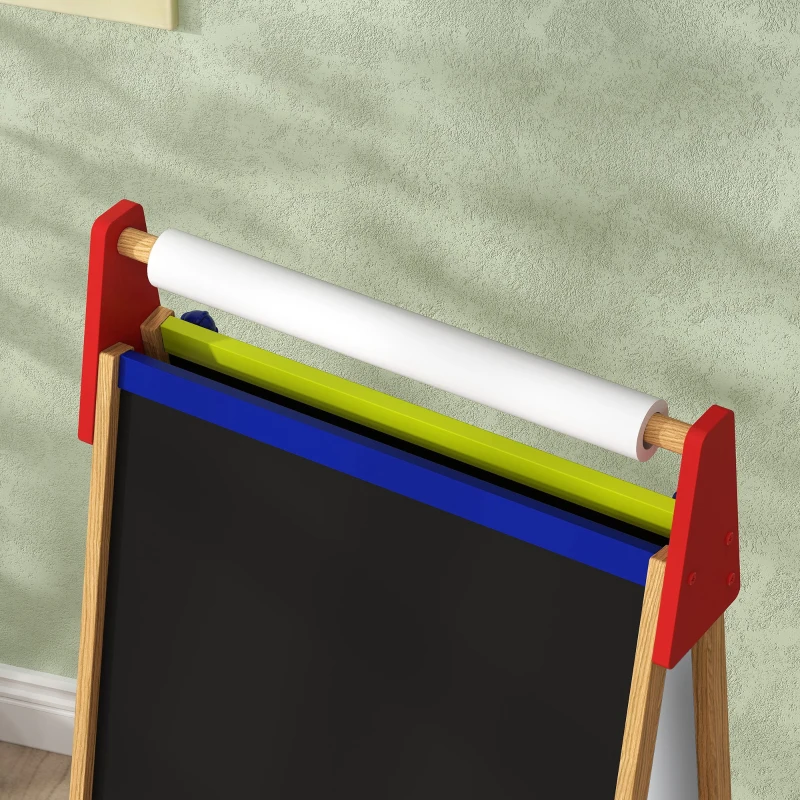 Qaba 3 in 1 Easel for Kids with Paper Roll, Whiteboard, Chalkboard, Double Sided & Adjustable Height, Nature Wood