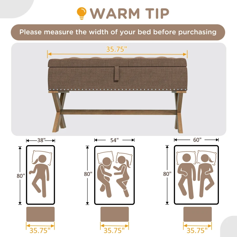 HOMCOM Upholstered Bedroom Bench, End of Bed Bench, Ottoman with Wood Legs, 35.75"W x 16.25"D x 19.75"H, Brown