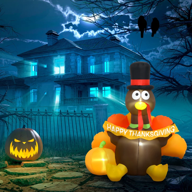 HOMCOM 5ft Inflatable Thanksgiving Turkey Pulls Banner with Pumpkin, Blow Up LED Display for Garden Indoor Outdoor