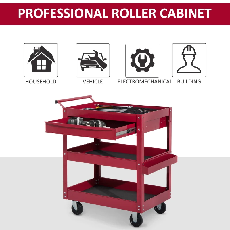 HOMCOM 3-Tier Rolling Tool Cart with Drawer and Side Box, 132 LBS Capacity Steel Utility Cart, Mobile Service Tool Organizer for Garage, Warehouse, Workshop, Red