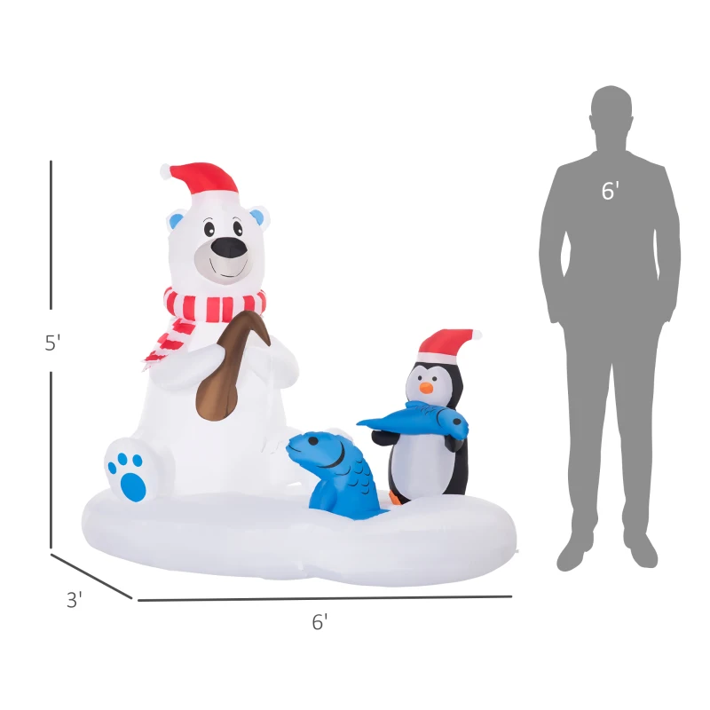 Outsunny 6ft Christmas Inflatable Polar Bear and Penguin with Santa's Hat Fishing on Board, Blow-Up Outdoor LED Yard Display for Lawn Garden Party