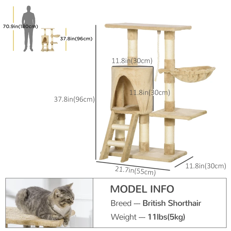 PawHut 37.8” Cat Activity Tree Tower Center Scratching Pet Furniture Brown