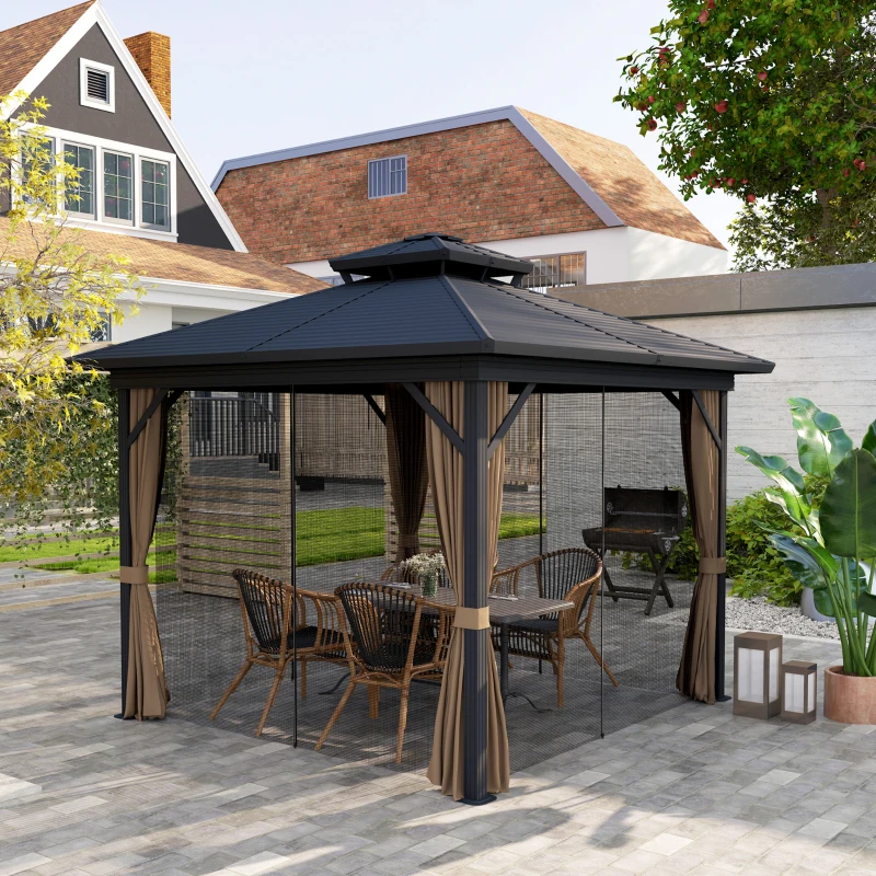 Outsunny 10' x 10' Hardtop Gazebo, Sun Shelter with Double Tier Metal Roof, Mosquito Netting, and Hanging Hook, Dark Brown
