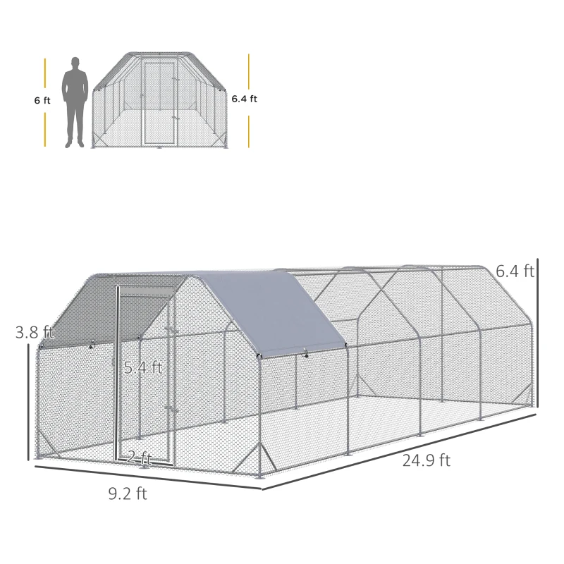 PawHut Large Chicken Coop Metal Chicken Run with Waterproof and Anti-UV Cover, Flat Shaped Walk in Fence Cage Hen House for Outdoor and Yard Farm Use, 1" Tube Diameter, 9.2' x 24.9' x 6.4'