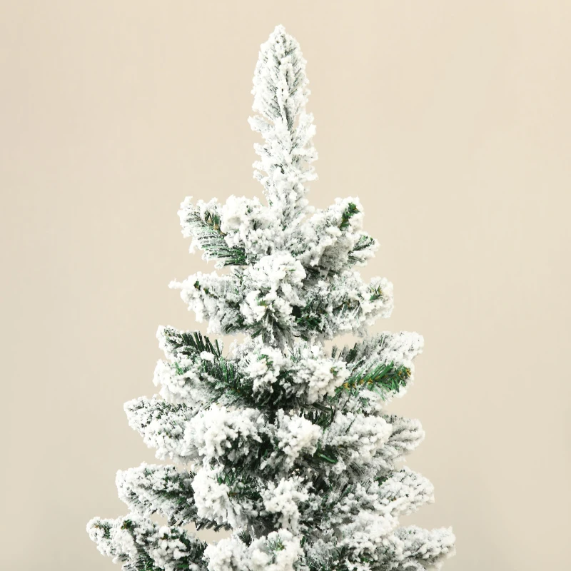 HOMCOM 6' Snow Flocked Artificial Pencil Christmas Tree, Slim Xmas Tree with Realistic Branches and Plastic Base Stand for Indoor Decoration, Green