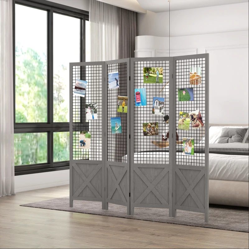 HOMCOM 4.7' 4 Panel Room Divider, Indoor Privacy Screens for Home, Distressed Gray