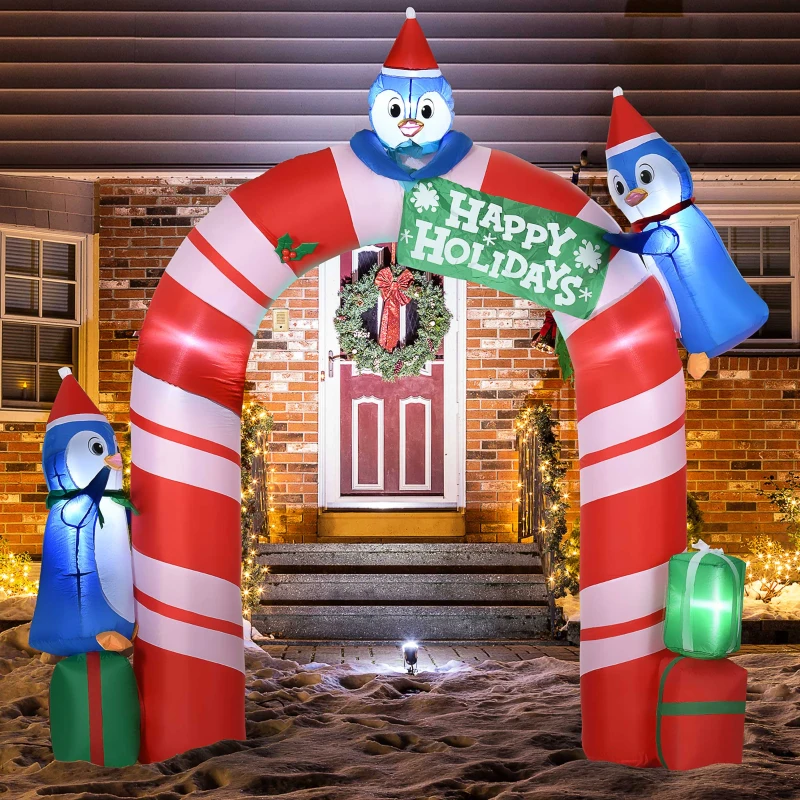 Outsunny 8ft Christmas Inflatables Outdoor Decorations Candy Cane Archway with Three Penguins and Gift Boxes, Blow-Up LED Yard Christmas Decor for Lawn Garden