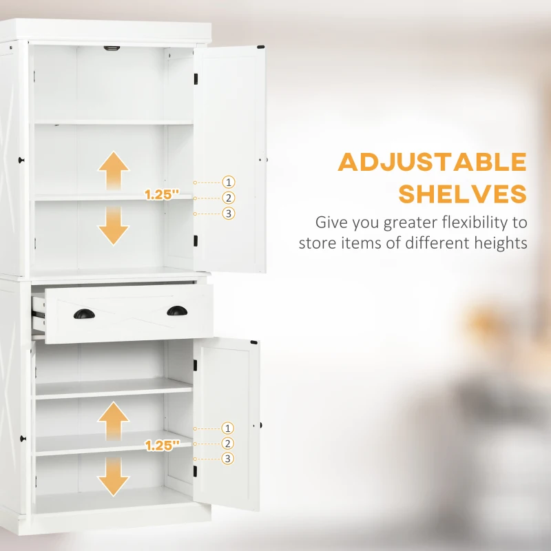 HOMCOM 72" Kitchen Pantry Storage Cabinet, Traditional Freestanding Cupboard with 4 Doors and 2 Adjustable Shelves, Large Central Drawer, X-Frame, White