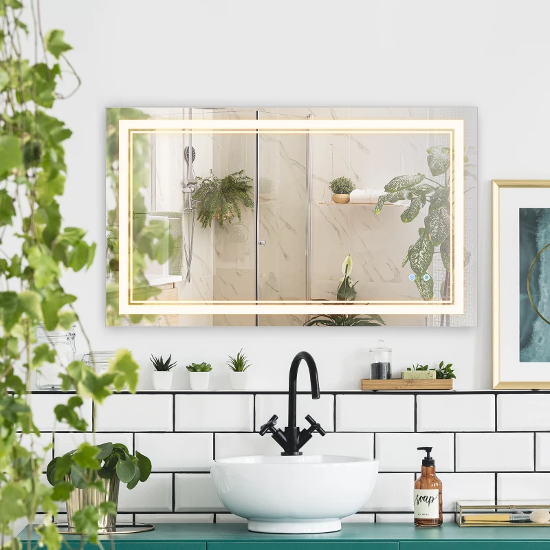 kleankin Bathroom Mirror with LED, Dimmable Vanity Mirror with 3 Light Colors, Memory Function Vertical and Horizontal Mount