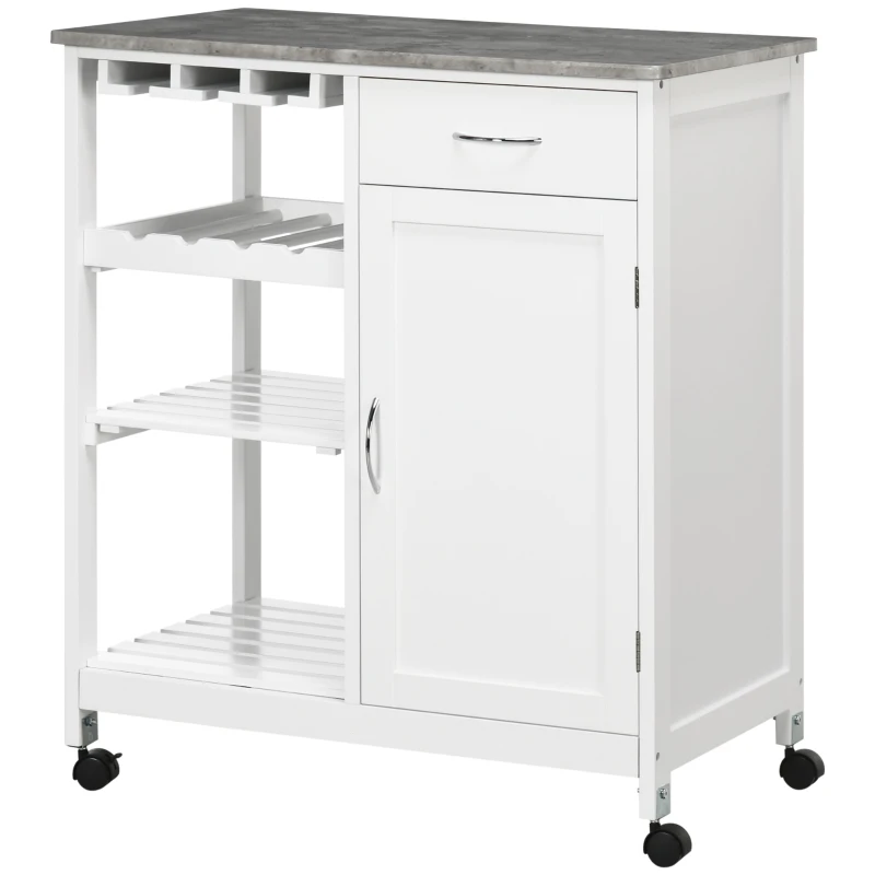 HOMCOM Rolling Kitchen Cart, Bar Cart on Wheels with Wine Rack, Drawer, Open Shelves, Cabinet and Faux Marble Top, Kitchen Island with Storage, White