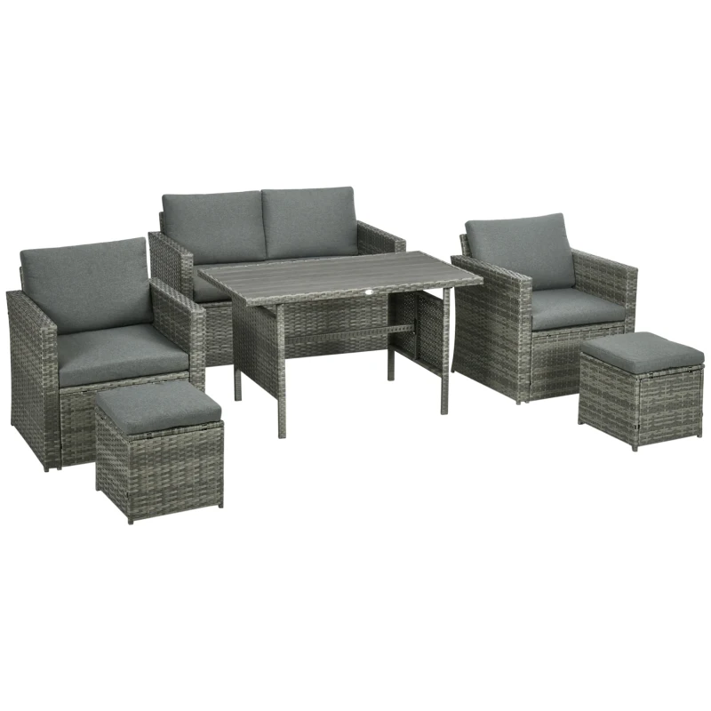 Outsunny Patio Dining Set, PE Rattan Furniture w/ 2 Chairs, Cushions & 3-Seat Sofa, Woodgrain Slatted Dinner Table, Mixed Gray