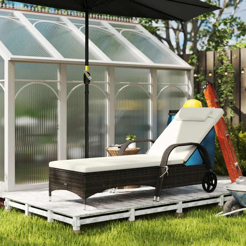 Outsunny Outdoor Chaise Lounge, 5-Level Adjustable Backrest Rattan Pool Lounge Chair with Wheels, Cushion & Headrest, Cream