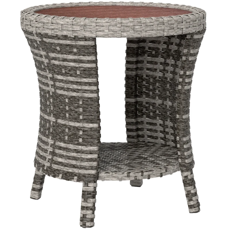 Outsunny 18" Wicker Outdoor Coffee Table, PE Rattan Patio Side Table with 2-Tier Storage, Composite Wood Top, Mixed Gray