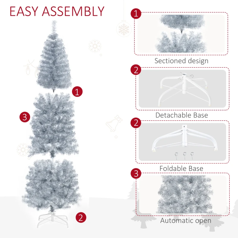 HOMCOM 7' Tall Unlit Slim Douglas Fir Artificial Christmas Tree with Realistic Branches, and 818 Tips, Silver