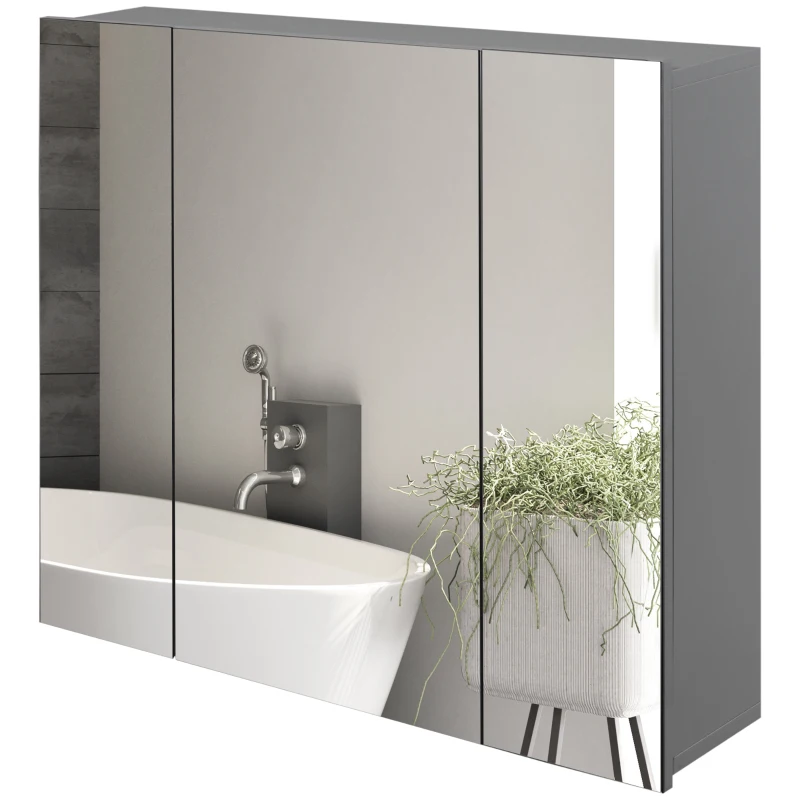 kleankin 28" x 24" Wall Mounted Mirror Cabinet, Bathroom Medicine Cabinet with Mirror, 3 Doors and Adjustable Shelves, Grey