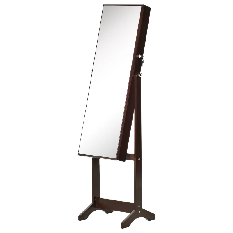 HOMCOM Mirror Jewelry Cabinet Armoire, Lockable Jewelry Organizer with Full-Length Mirror, 3 Angle Adjustable, Brown