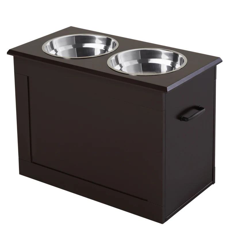 PawHut Elevated Dog Bowls for Large Dogs with Storage 2 Stainless Steel Dog Bowls， Elevated Base for Large Dogs, Coffee