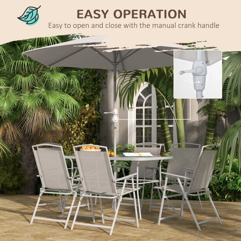 Outsunny 8 Piece Patio Dining Set with Table Umbrella, 6 Folding Chairs and Rectangle Dining Table, Grey