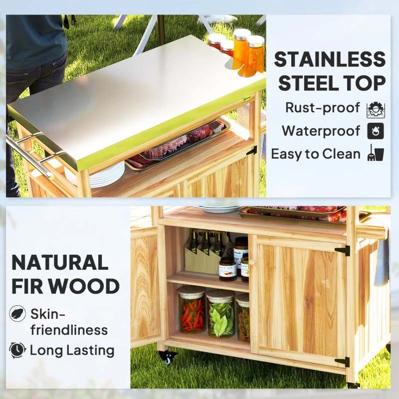 Outsunny Outdoor Grill Cart w/ Stainless Steel Top, Solid Wood Outdoor Kitchen Island w/ Wheels, Storage Cabinets, Natural Wood